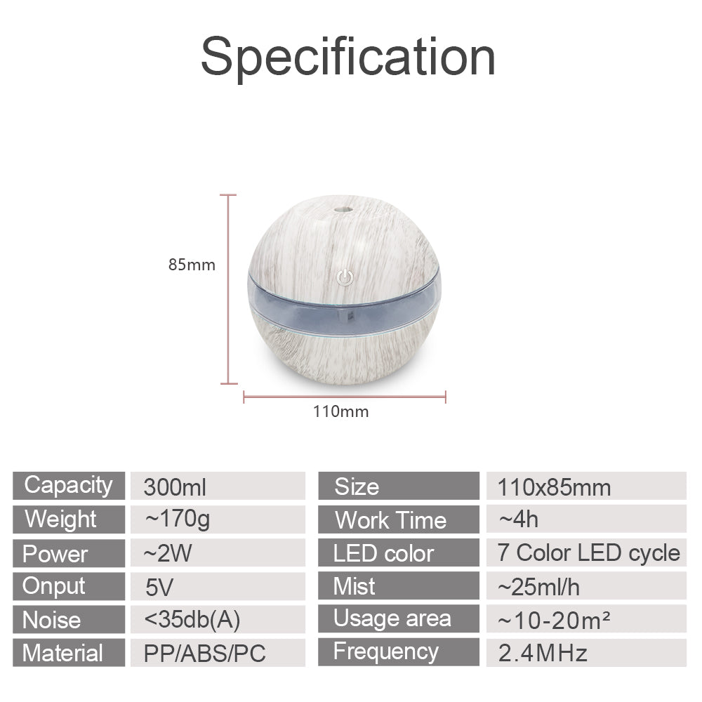 Space Saving 300ml USB Humidifier 7 LED Light Therapy Modes Pre Filt